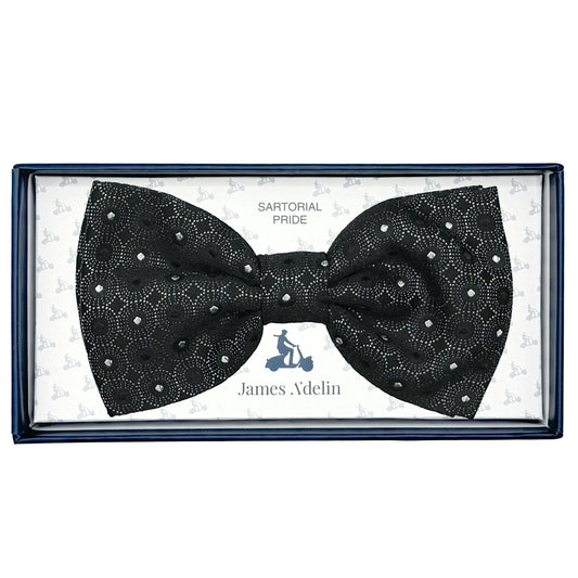 Black/Grey Italian Luxury Mens Silk Spotted Geometric Weave Pre-Tied Bow Tie