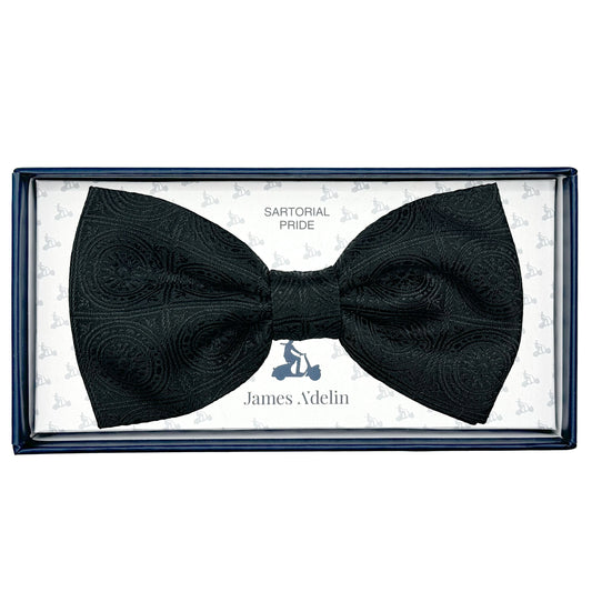 Black Italian Luxury Mens Silk Tonal Geometric Weave Pre-Tied Bow Tie