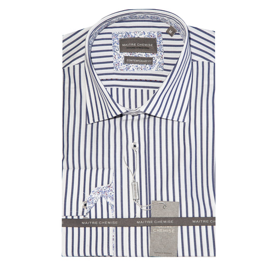 White/Navy Cotton Rich Bengal Stripe Long Sleeve Shirt