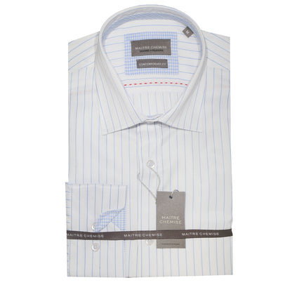White/Sky Blue Cotton Rich Pin Stripe Long Sleeve Shirt