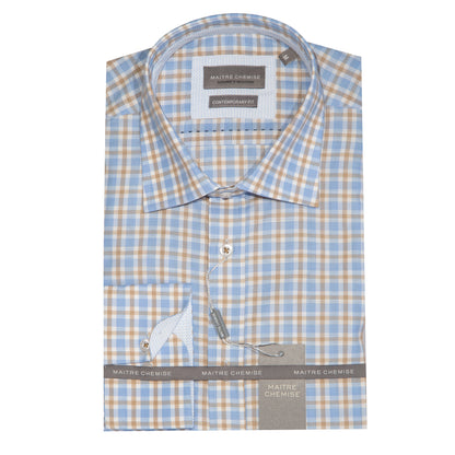Sky Blue/Tan Cotton Rich Check Long Sleeve Shirt