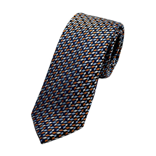 Navy/Orange/Sky Luxury Silk Skinny Neck Tie in Textured Design