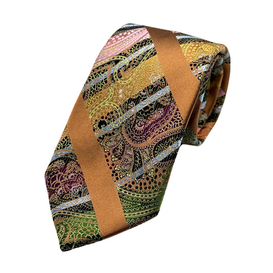 Burnt Orange Luxury Silk Neck Tie in Paisley Striped Design