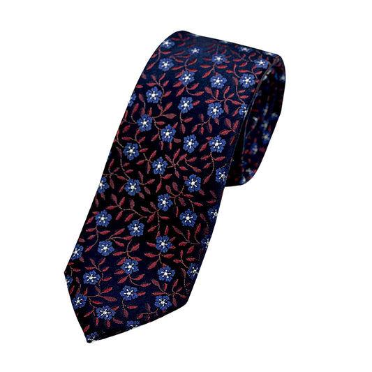 Navy/Burg Luxury Silk Skinny Neck Tie in Floral Design