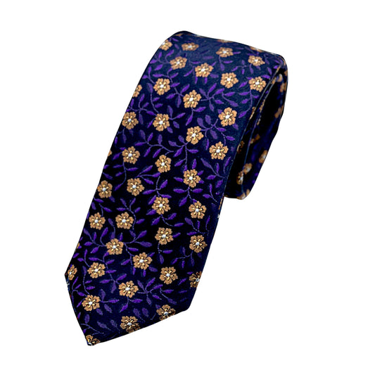 Navy/Purple Luxury Silk Skinny Neck Tie in Floral Design