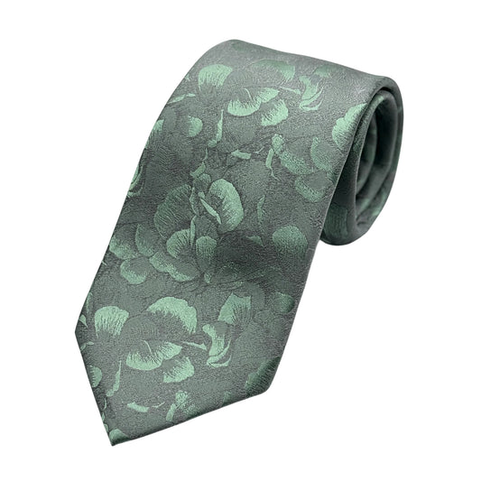 Soft Green/Silver Mens Luxury Skinny Silk Neck Tie in Satin Floral Weave Design
