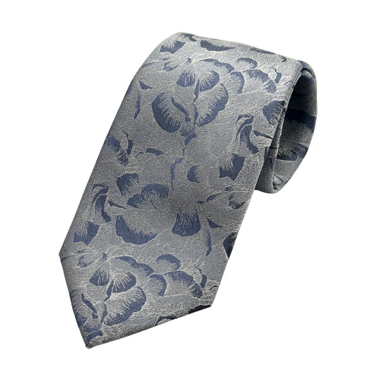 Grey/Blue Mens Luxury Silk Neck Tie in Satin Floral Weave Design