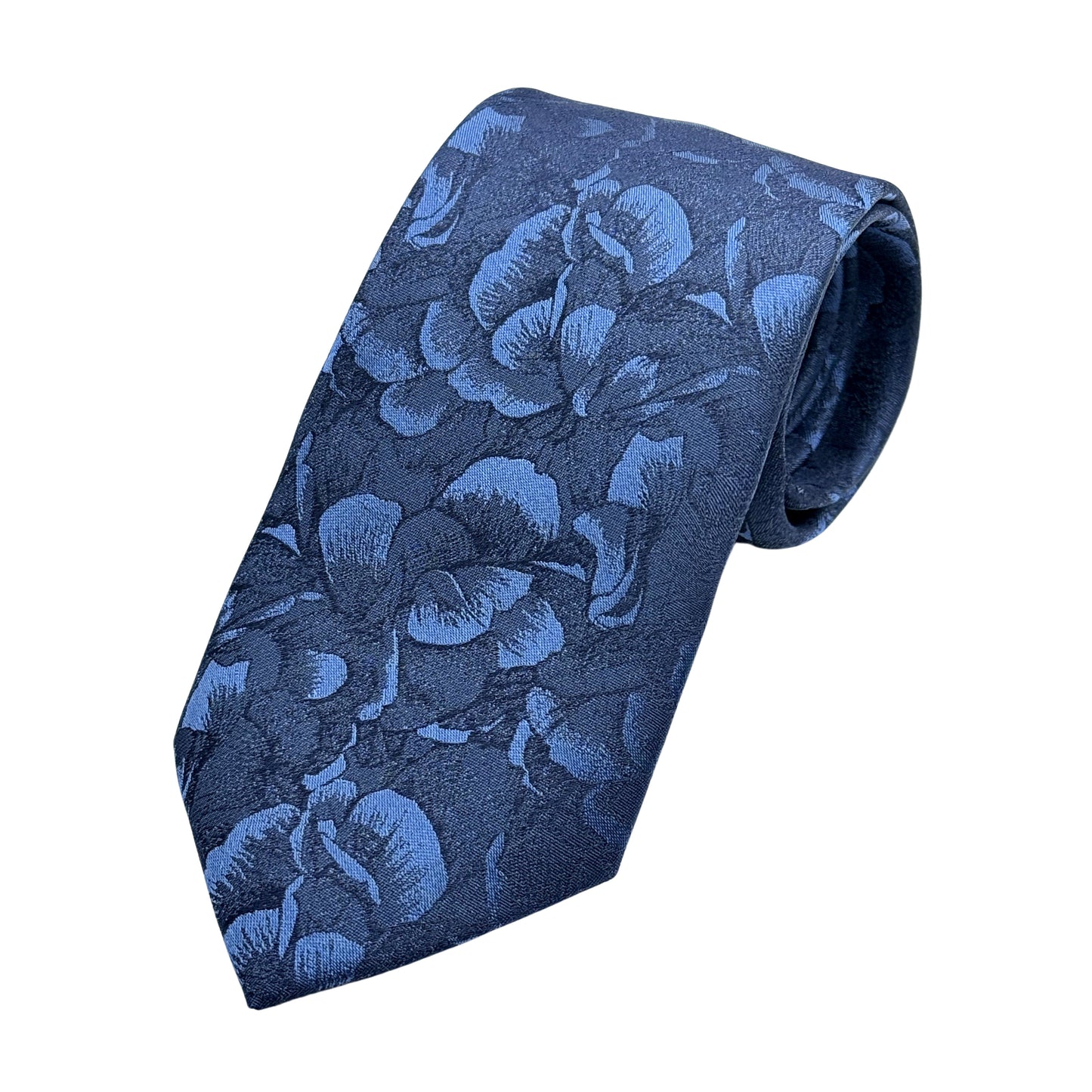 Navy Mens Luxury Silk Skinny Neck Tie in Satin Floral Weave Design