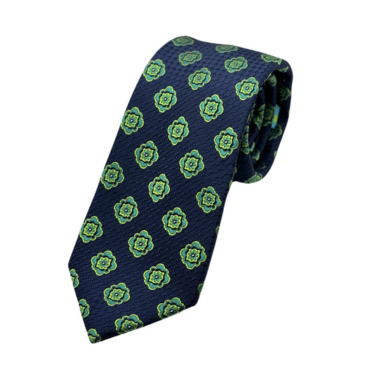 Navy/Green Mens Luxury Silk Neck Tie in Medallion Weave Design