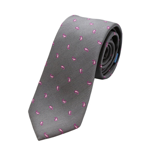 Grey Mens Luxury Silk Neck Tie in Textured Mini Paisley Weave Design