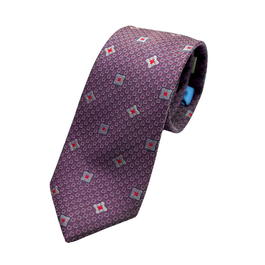 Grey/Purple Mens Luxury Silk Neck Tie in Textured Geometric Weave Design