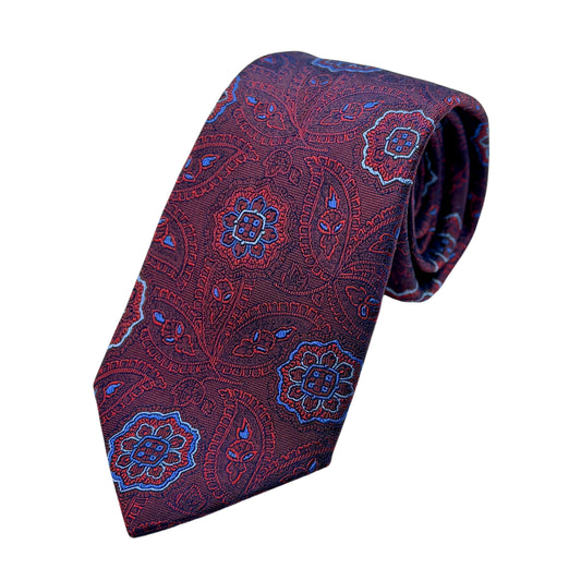 Burgundy Mens Luxury Silk Neck Tie in Large Motif Paisley Weave Design