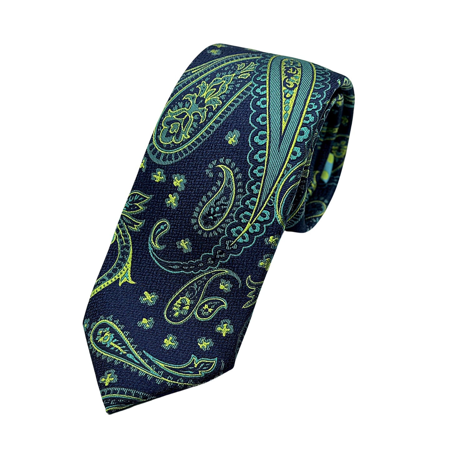 Navy/Green Mens Luxury Silk Neck Tie in Textured Paisley Weave Design