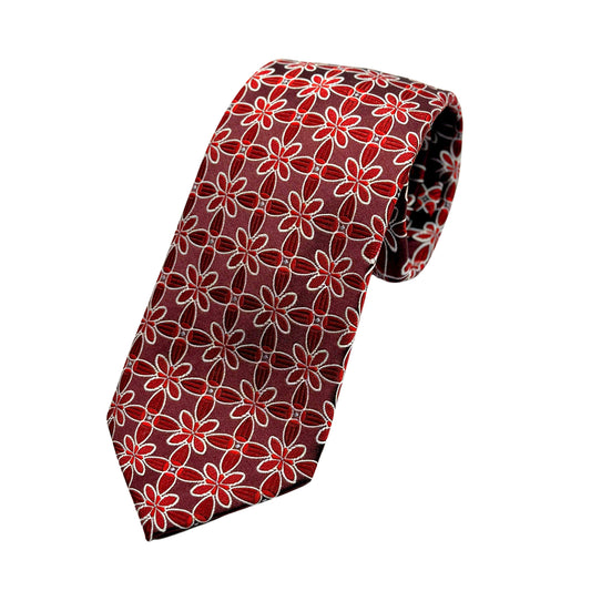 Burgundy Mens Luxury Silk Neck Tie in Floral Motif Weave Design