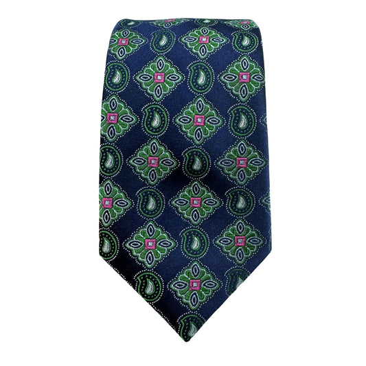 Navy/Green Mens Luxury Silk Neck Ties Large Geometric Weave Design