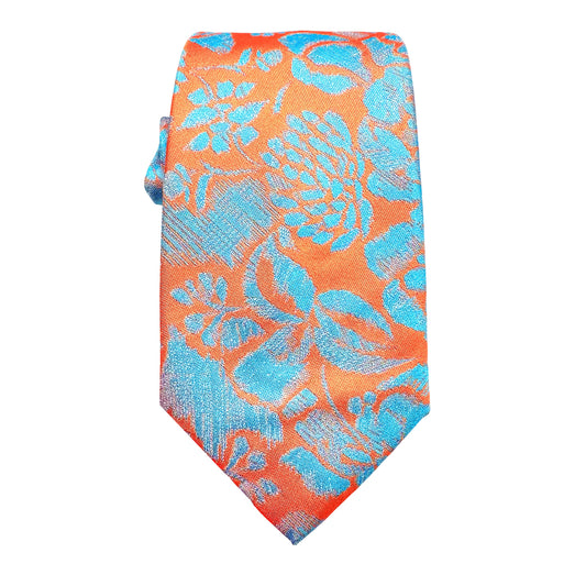 Orange Mens Luxury Silk Neck Tie Bold Floral Weave Design