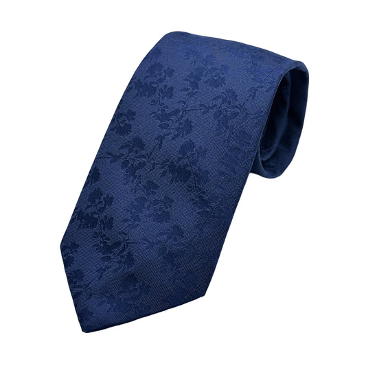 Navy Mens Luxury Silk Neck Tie in Textured Weave Floral Design