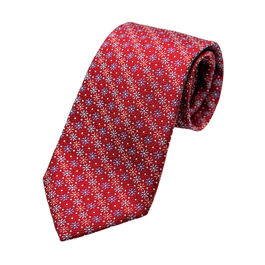 Red Mens Luxury Silk Neck Tie in Textured Weave Floral Design