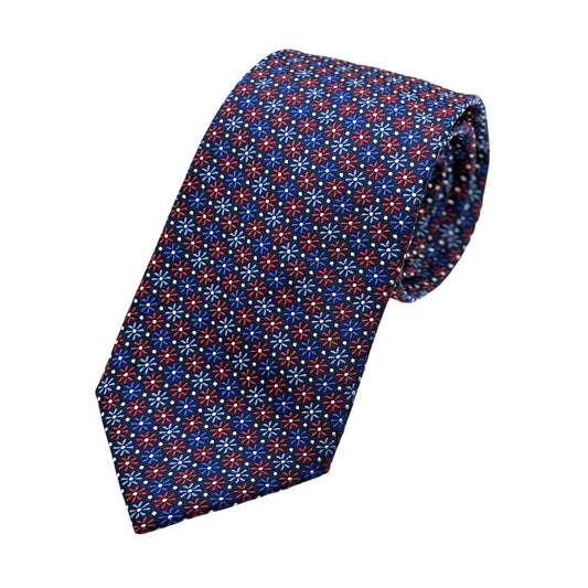 Navy Mens Luxury Silk Neck Tie in Textured Weave Floral Design