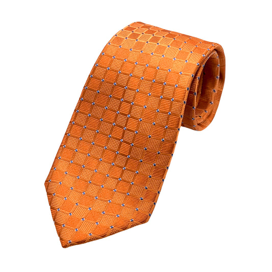 Orange Mens Luxury Silk Neck Tie in Textured Spotted Squares Weave Design
