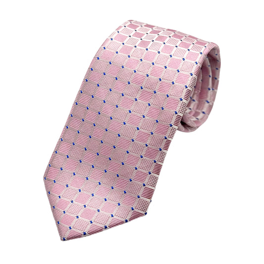 Pink Mens Luxury Silk Neck Tie in Textured Spotted Squares Weave Design
