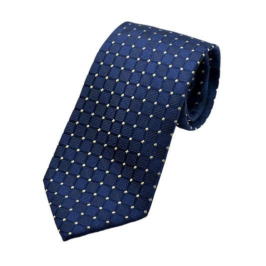 Navy/Gold Mens Luxury Silk Neck Tie in Textured Spotted Squares Weave Design