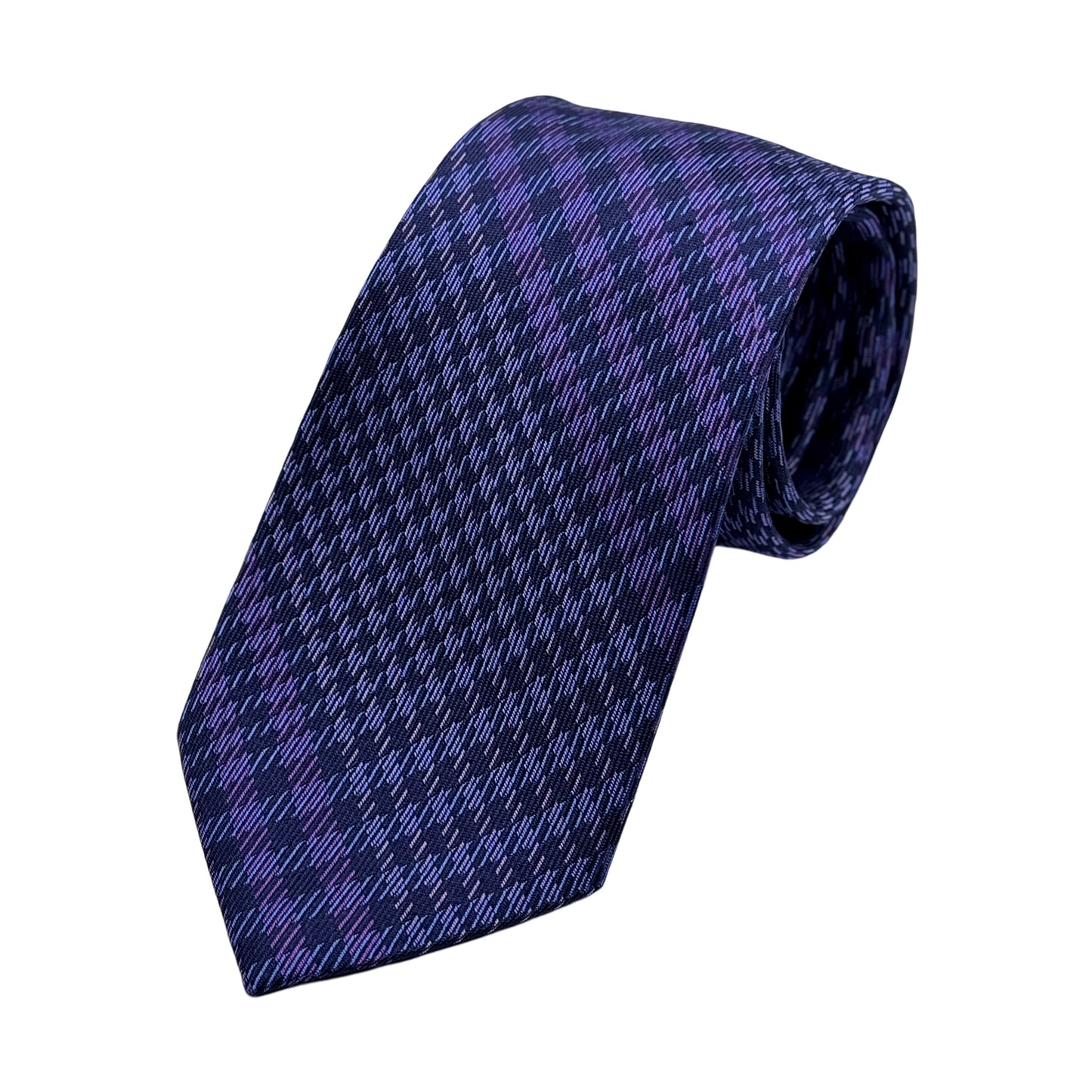 Purple/Navy Mens Luxury Silk Neck Tie in Textured Diagonal Check Weave Design