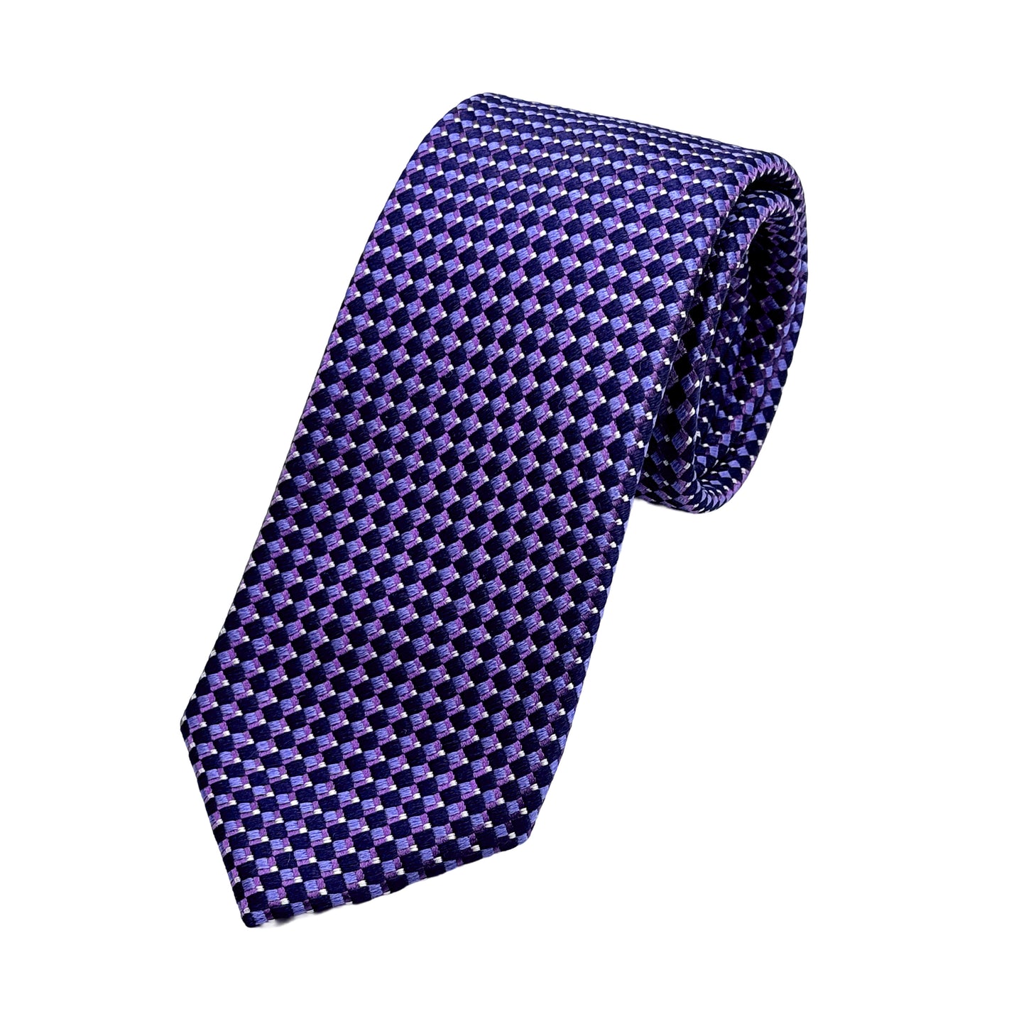Navy/Purple Mens Luxury Silk Neck Tie in Textured Geometric Weave Design