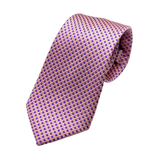 Pink/Blue Mens Luxury Silk Neck Tie in Textured Geometric Weave Design