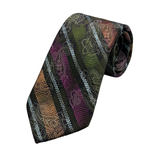 Olive Mens Luxury Silk Neck Tie in Paisley Striped Weave Design