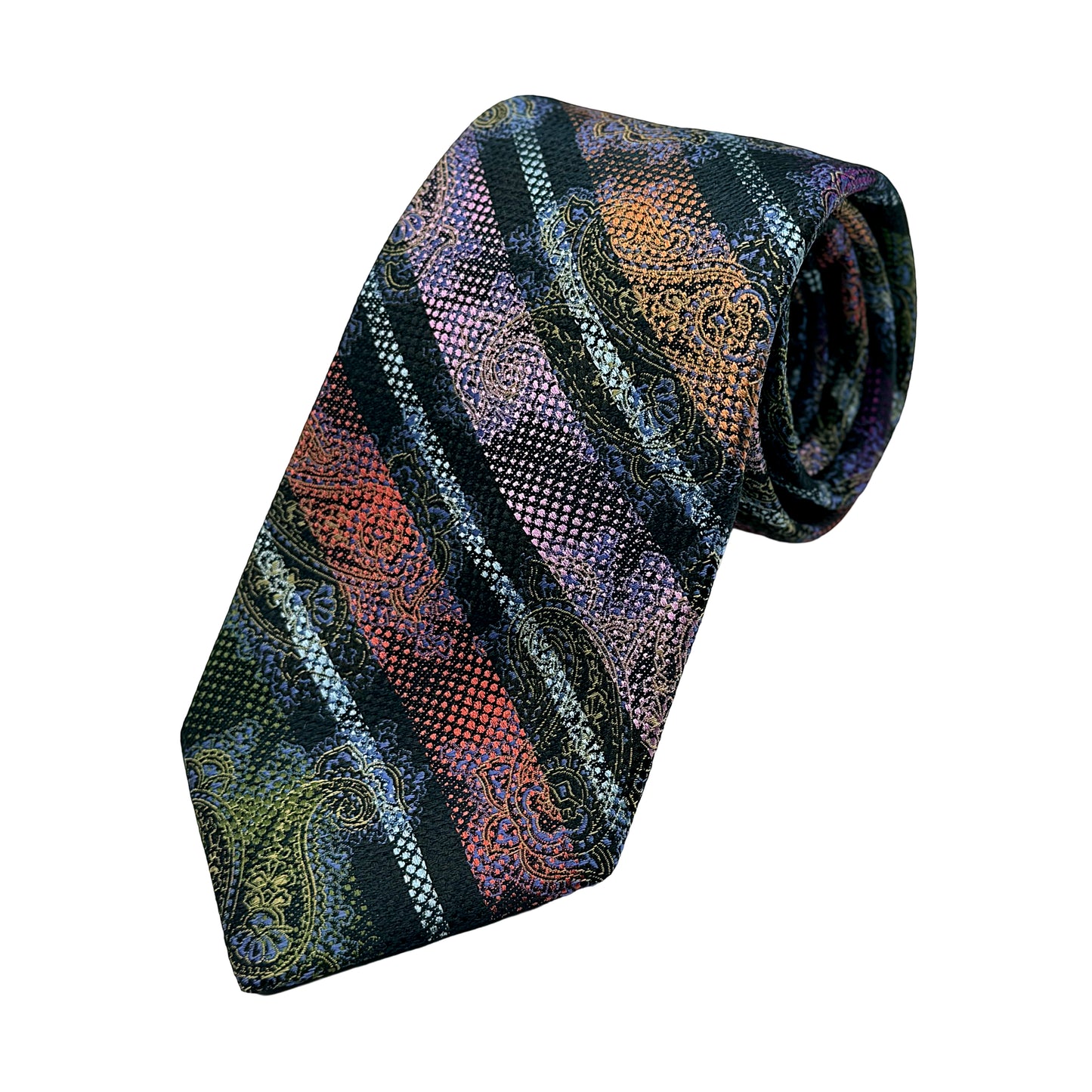 Navy/Orange/Pink/Green Mens Luxury Silk Neck Tie in Paisley Striped Weave Design
