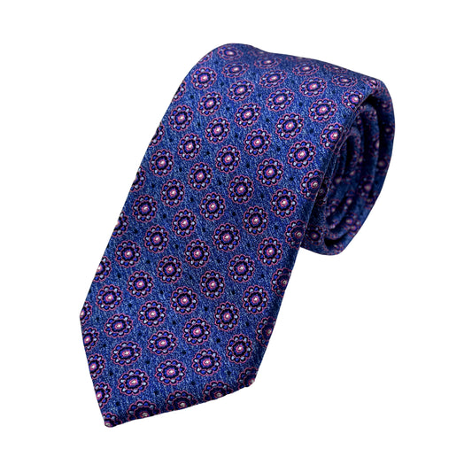 Slate Blue/Pink Mens Luxury Silk Neck Tie in Geometric Weave Design