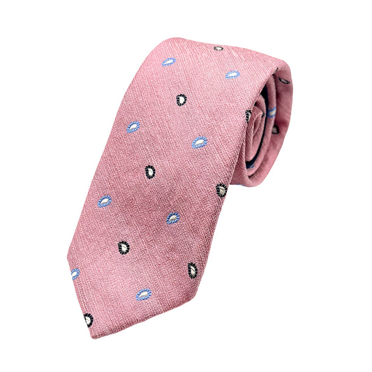 Pink Mens Luxury Silk/Linen Blend Neck Tie in Textured Slub Weave Mini Paisley Design
