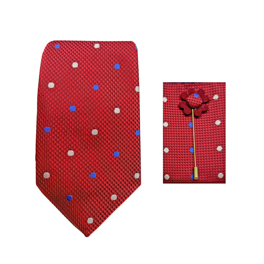 Red/White/Blue Spotted Textured 7.5cm Width Tie/Pocket Square/Lapel Pin Combo Sets