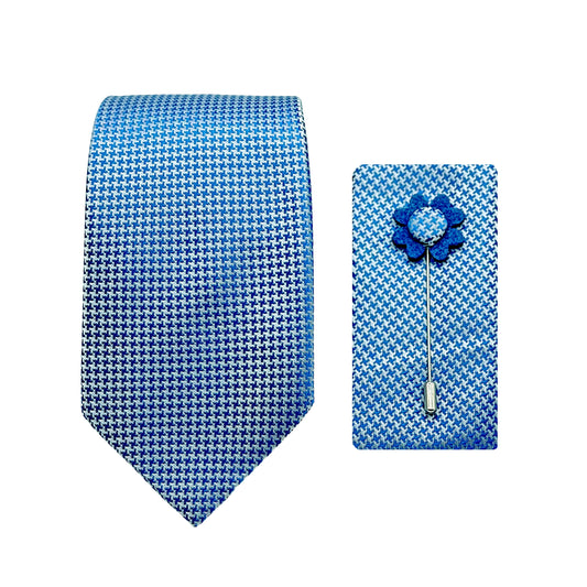 Sky Blue Luxury Houndstooth Weave 7.5cm Width Tie/Pocket Square/Lapel Pin Combo Sets