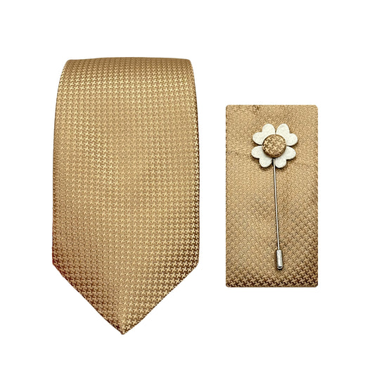 Beige Luxury Houndstooth Weave 7.5cm Width Tie/Pocket Square/Lapel Pin Combo Sets
