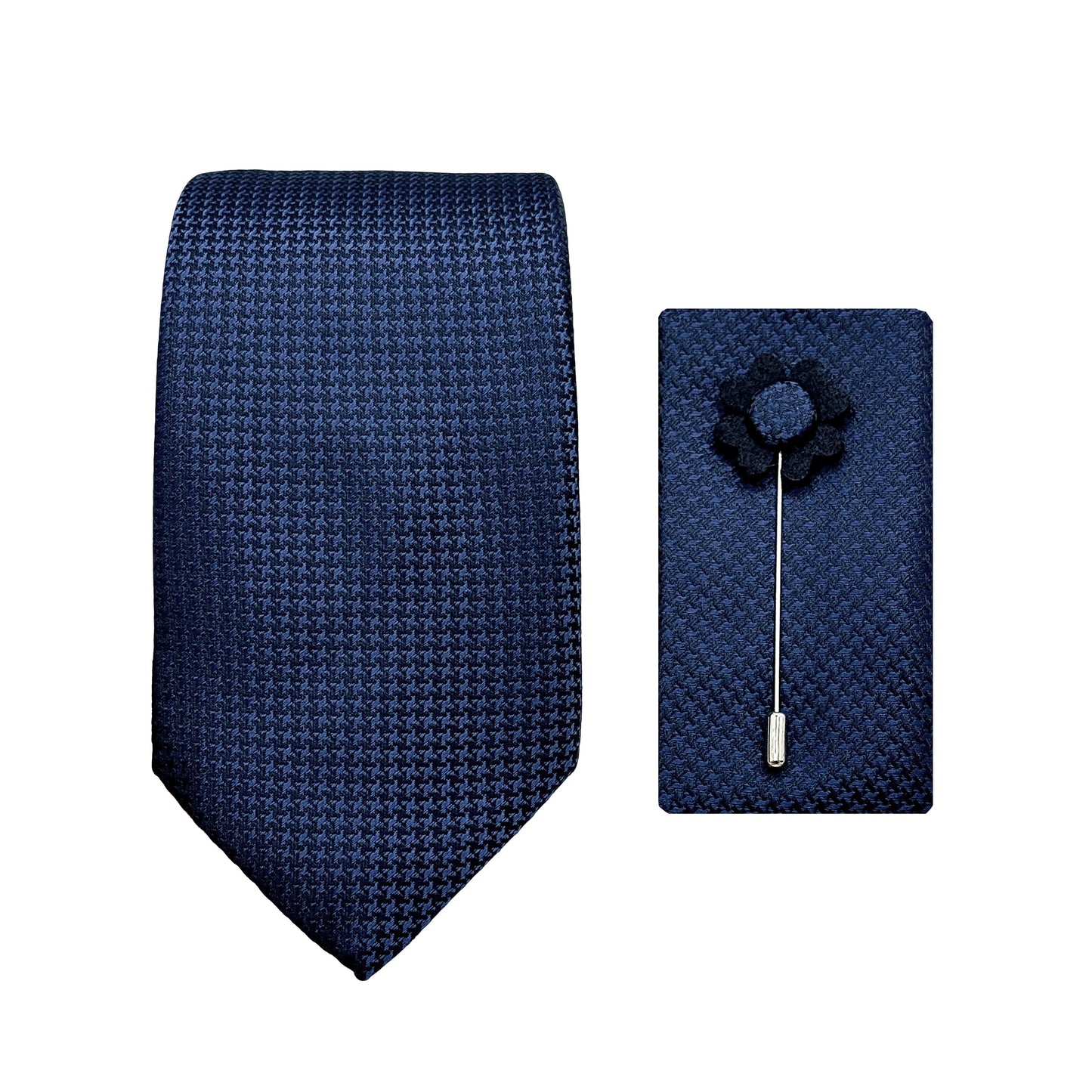 Navy Luxury Houndstooth Weave 7.5cm Width Tie/Pocket Square/Lapel Pin Combo Sets