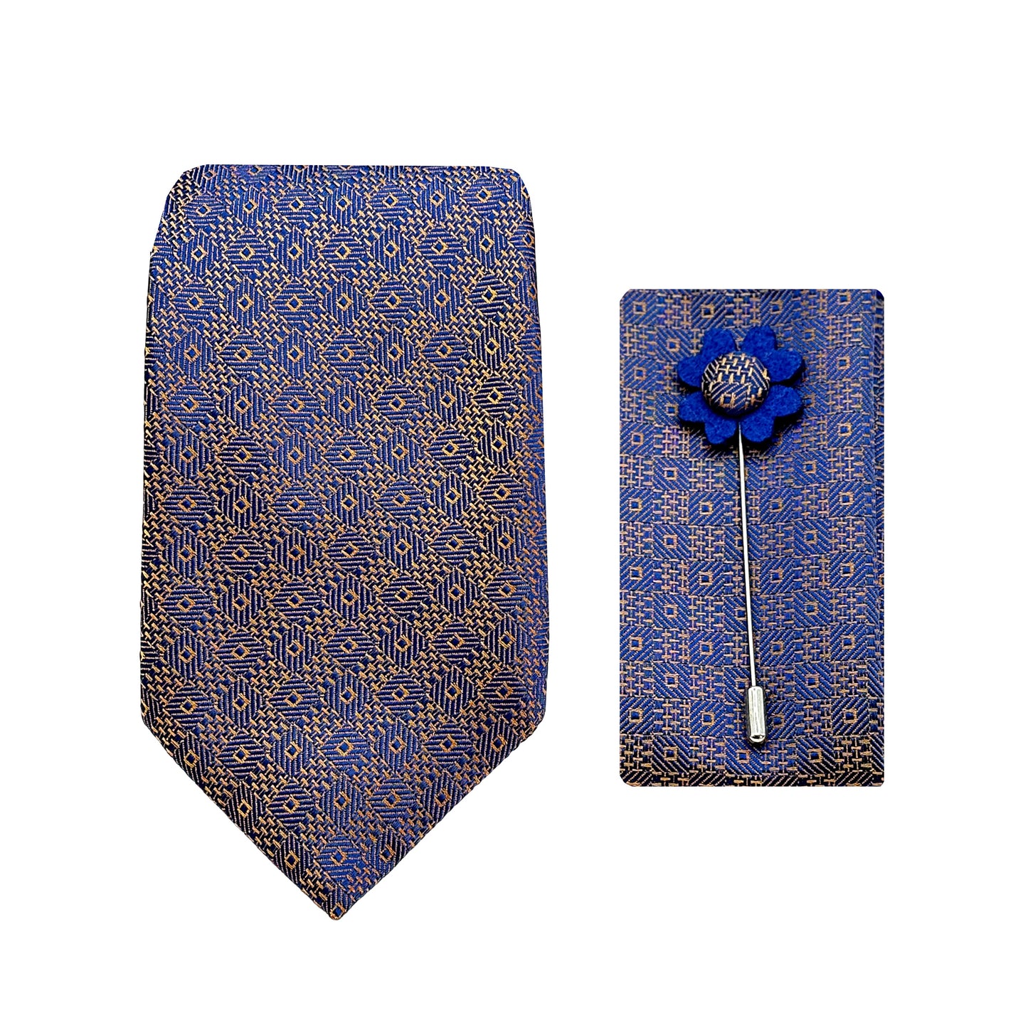 Tan Luxury Geometric Weave 7.5cm Width Tie/Pocket Square/Lapel Pin Combo Sets