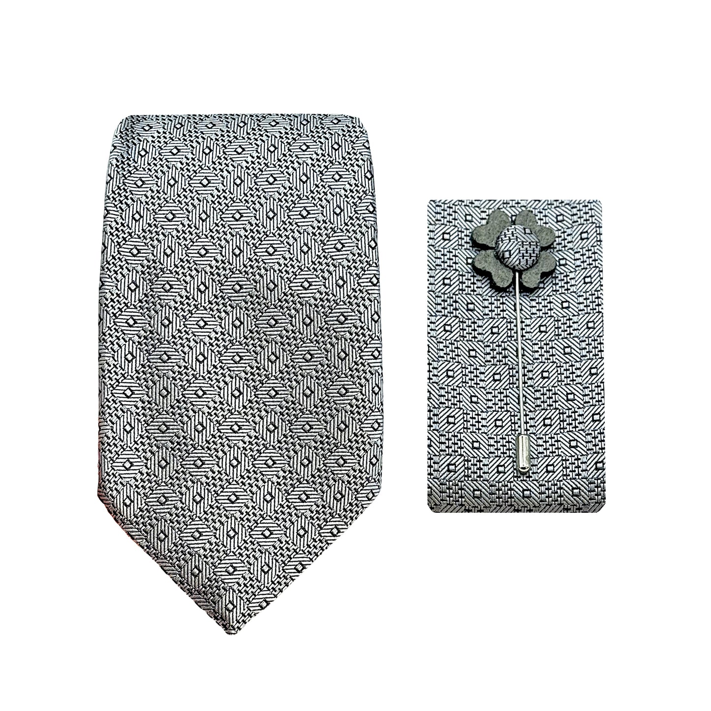Grey Luxury Geometric Weave 7.5cm Width Tie/Pocket Square/Lapel Pin Combo Sets