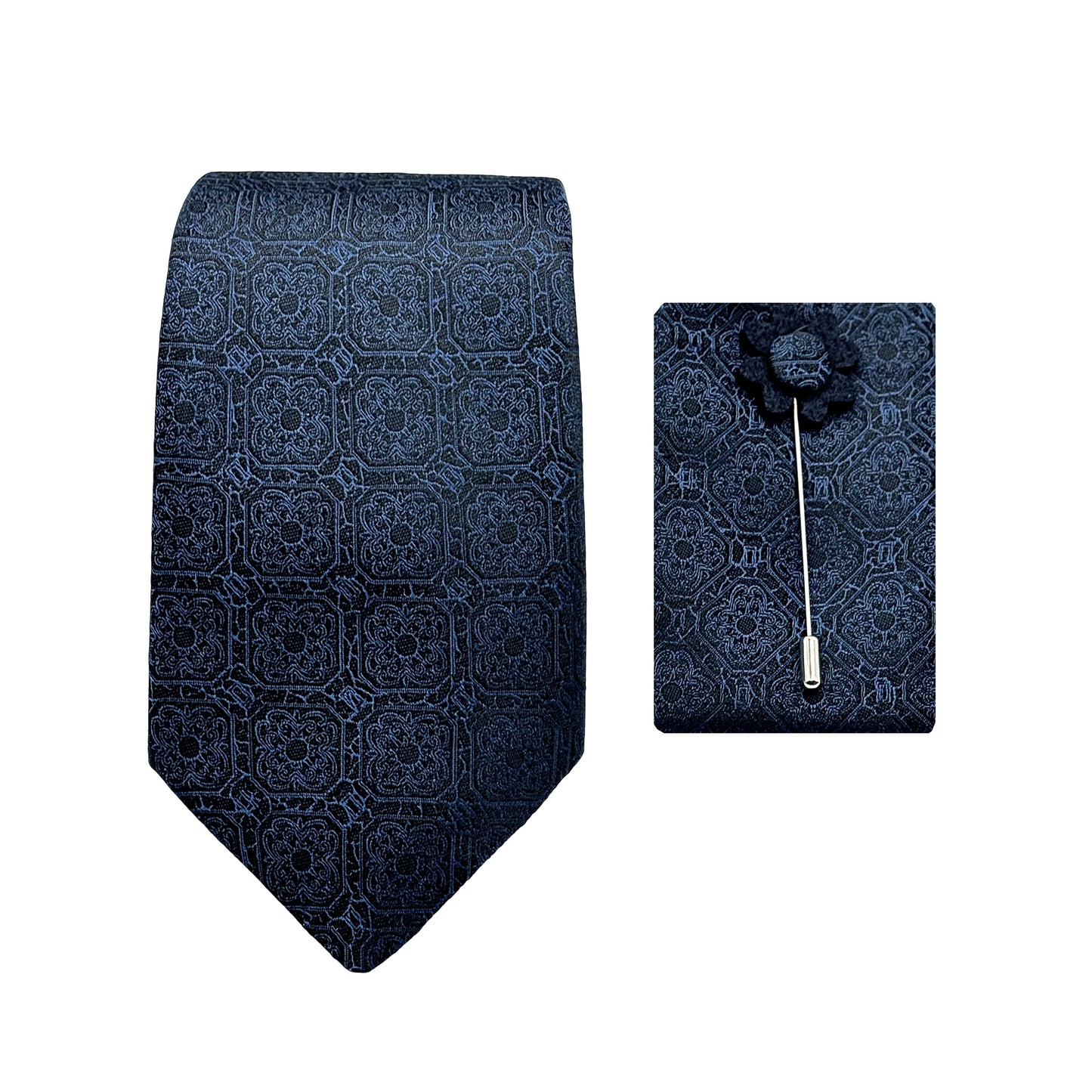 Navy Luxury Geometric Weave 7.5cm Width Tie/Pocket Square/Lapel Pin Combo Sets