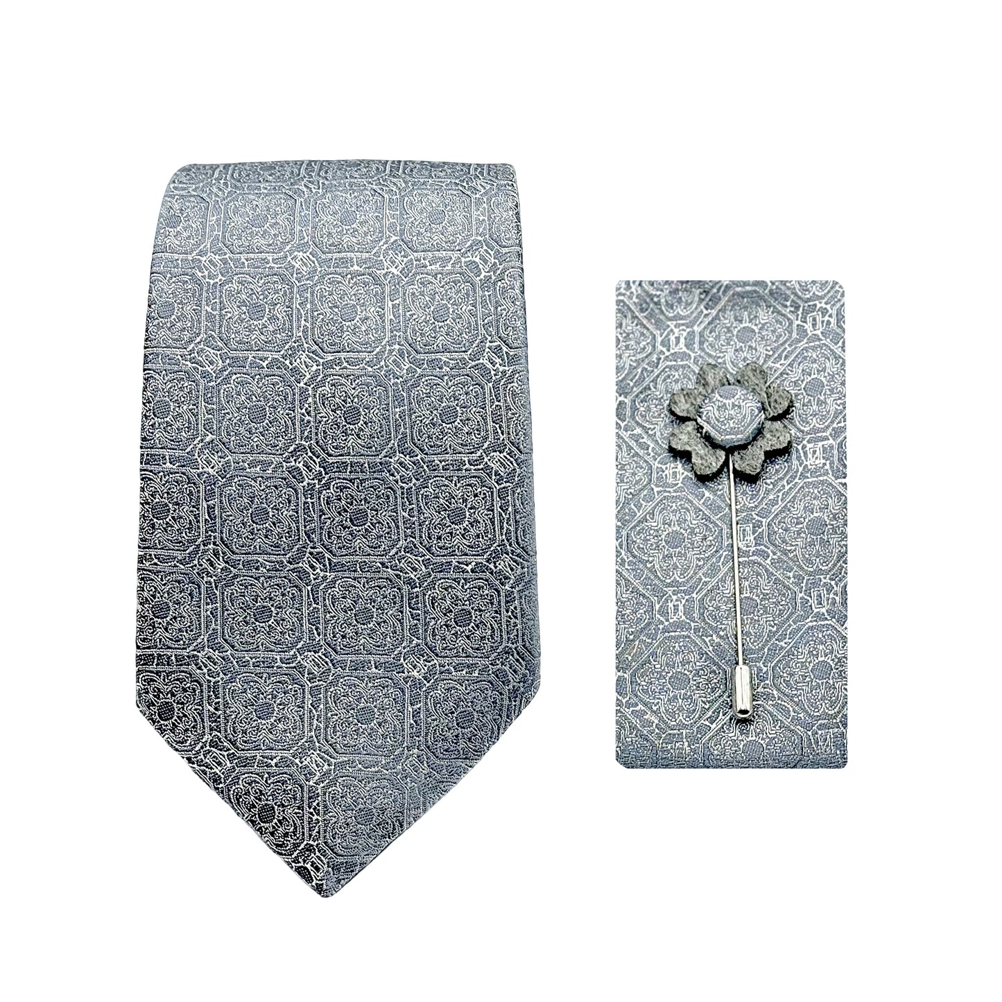Silver Luxury Geometric Weave 7.5cm Width Tie/Pocket Square/Lapel Pin Combo Sets