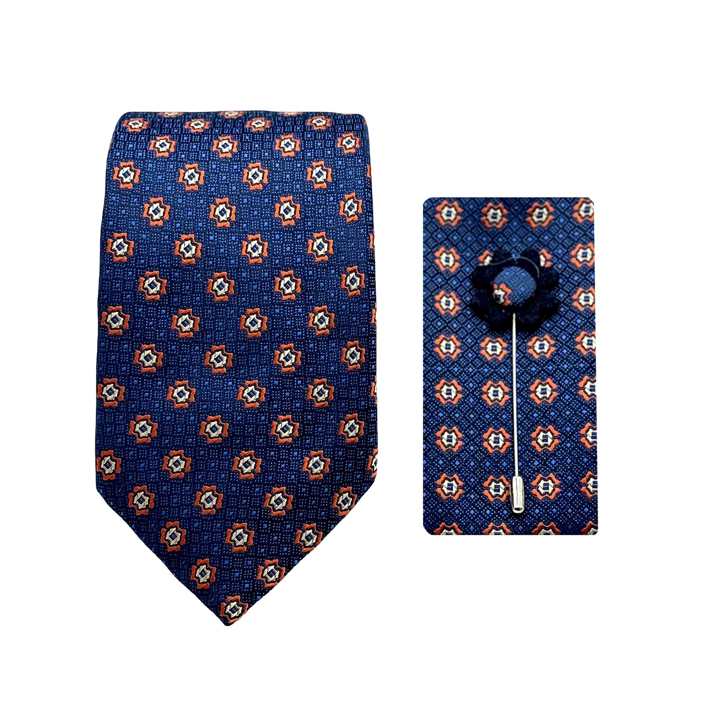 Blue/Orange Luxury Geometric Motif Weave 7.5cm Width Tie/Pocket Square/Lapel Pin Combo Sets