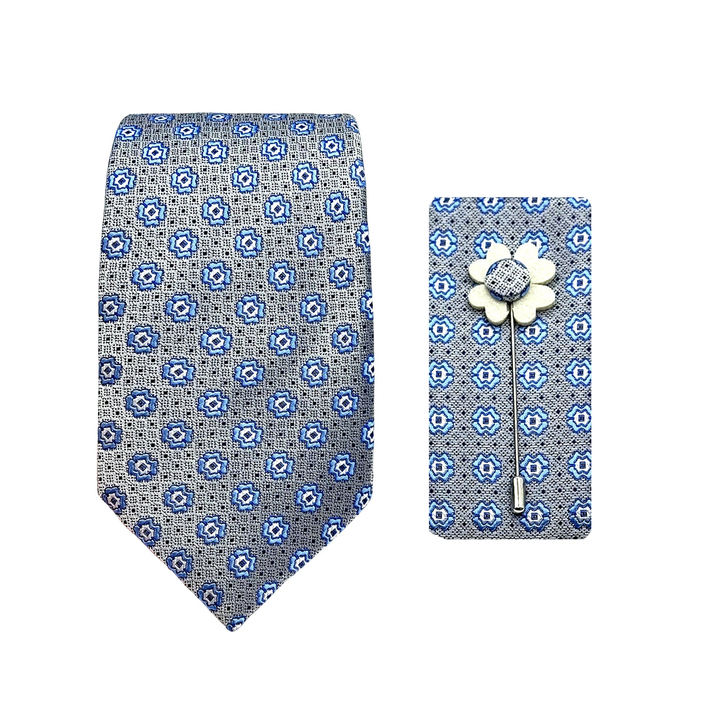 Silver/Blue Luxury Geometric Motif Weave 7.5cm Width Tie/Pocket Square/Lapel Pin Combo Sets