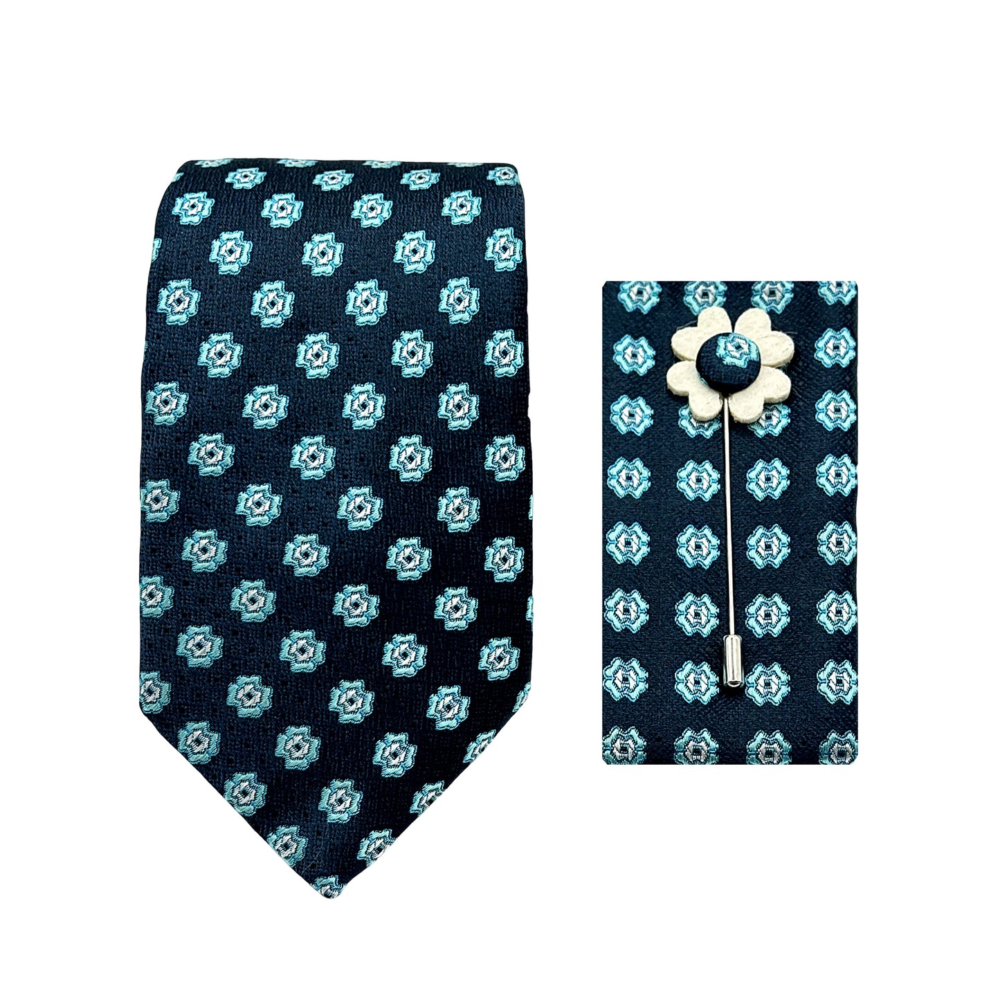 Navy/Aqua Luxury Geometric Motif Weave 7.5cm Width Tie/Pocket Square/Lapel Pin Combo Sets