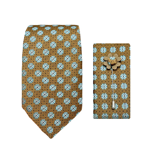 Tan/Turquoise Luxury Geometric Motif Weave 7.5cm Width Tie/Pocket Square/Lapel Pin Combo Sets
