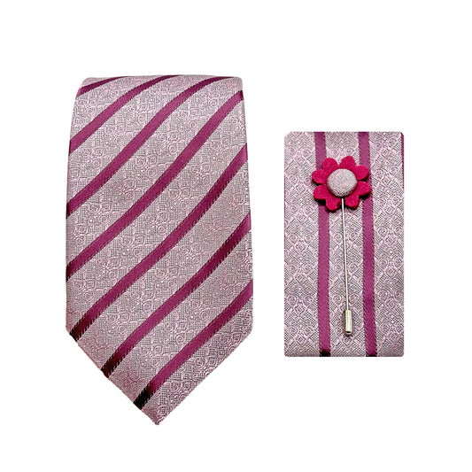 Soft Pink/Pink  Luxury Striped Geometric Weave 7.5cm Width Tie/Pocket Square/Lapel Pin Combo Sets