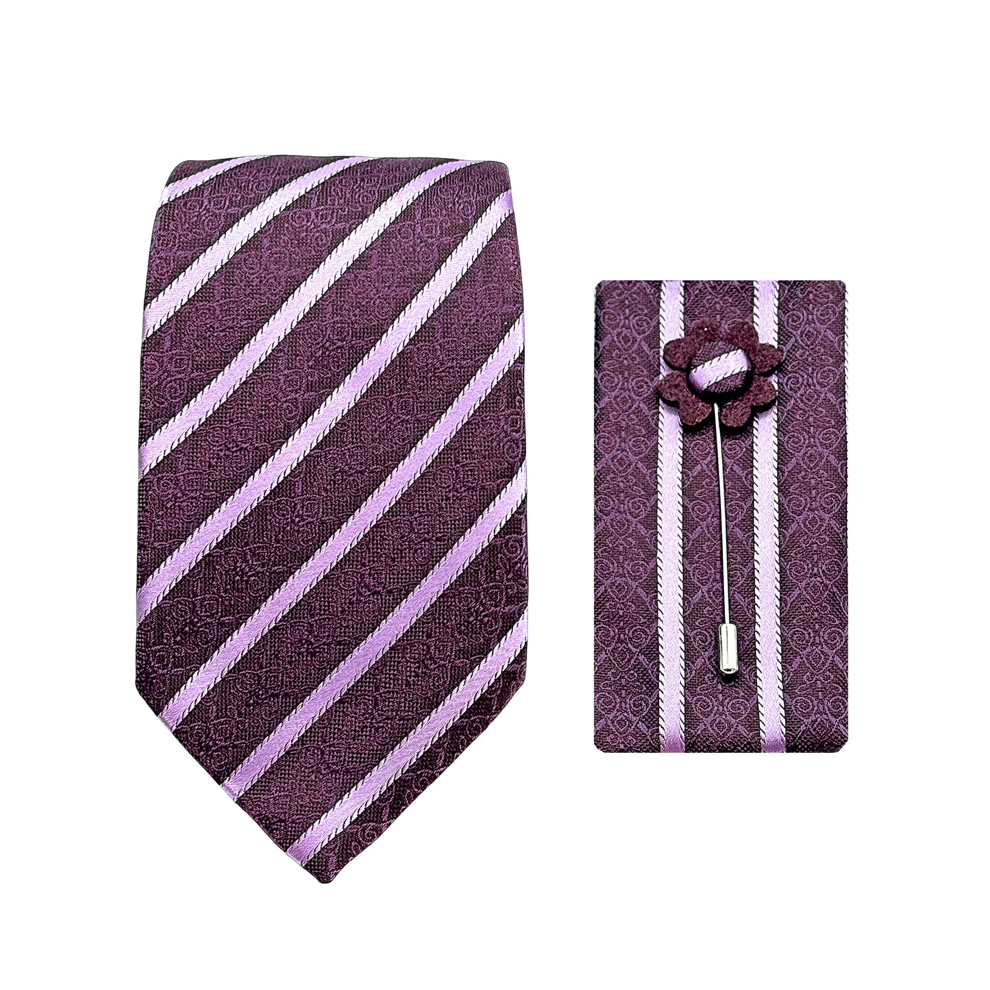 Grape/Purple Luxury Striped Geometric Weave 7.5cm Width Tie/Pocket Square/Lapel Pin Combo Sets