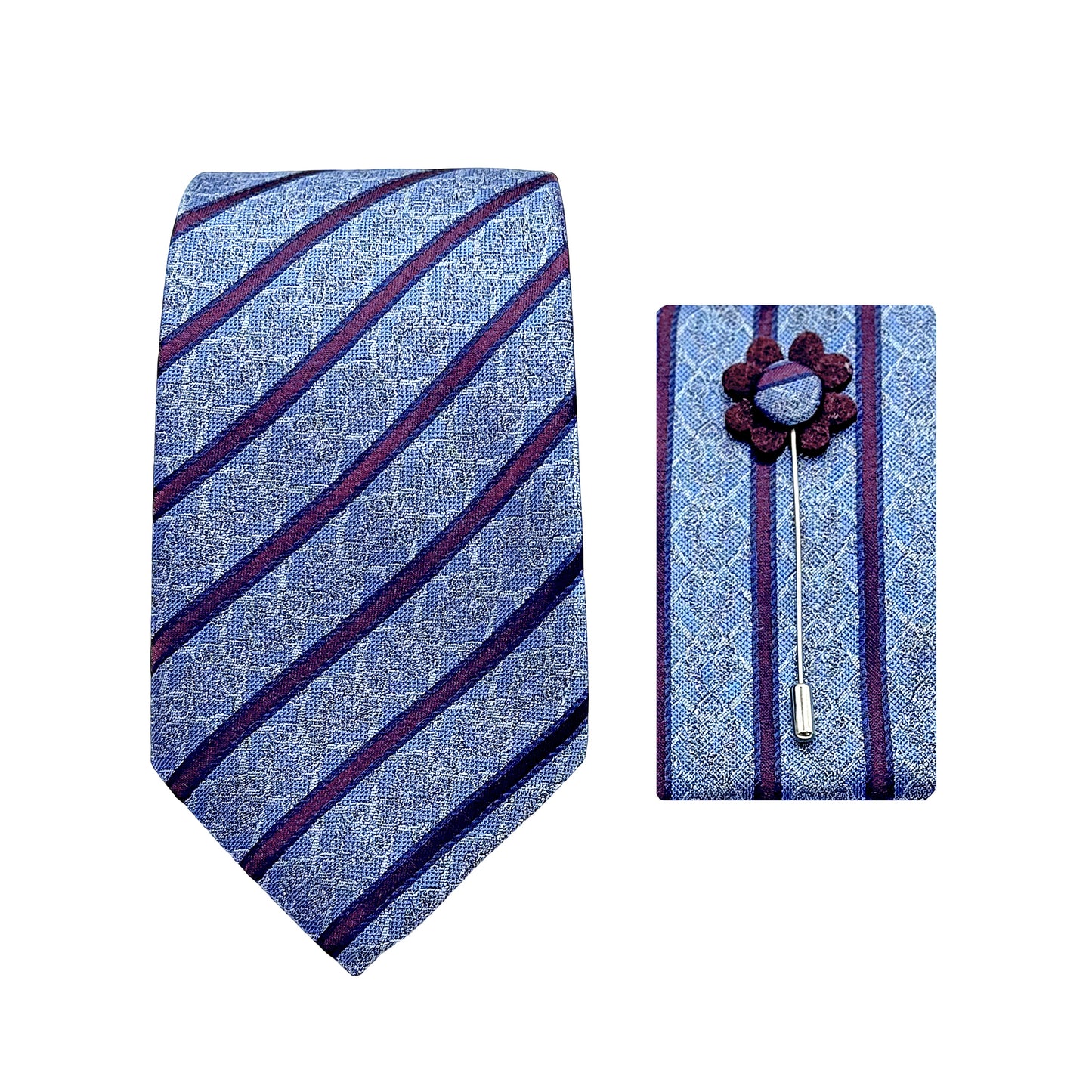 Slate Blue/Grape Luxury Striped Geometric Weave 7.5cm Width Tie/Pocket Square/Lapel Pin Combo Sets