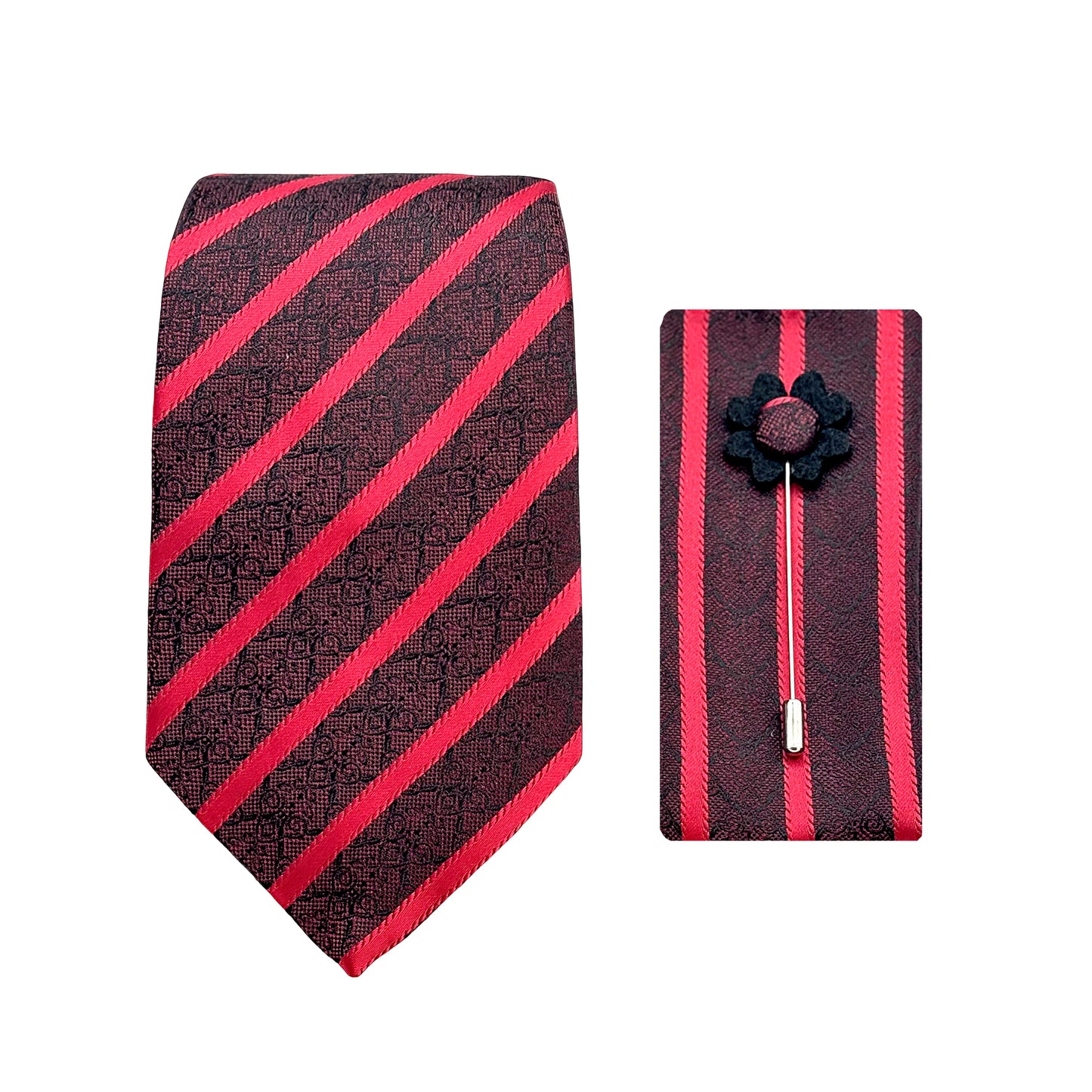 Burgundy/Red Luxury Striped Geometric Weave 7.5cm Width Tie/Pocket Square/Lapel Pin Combo Sets