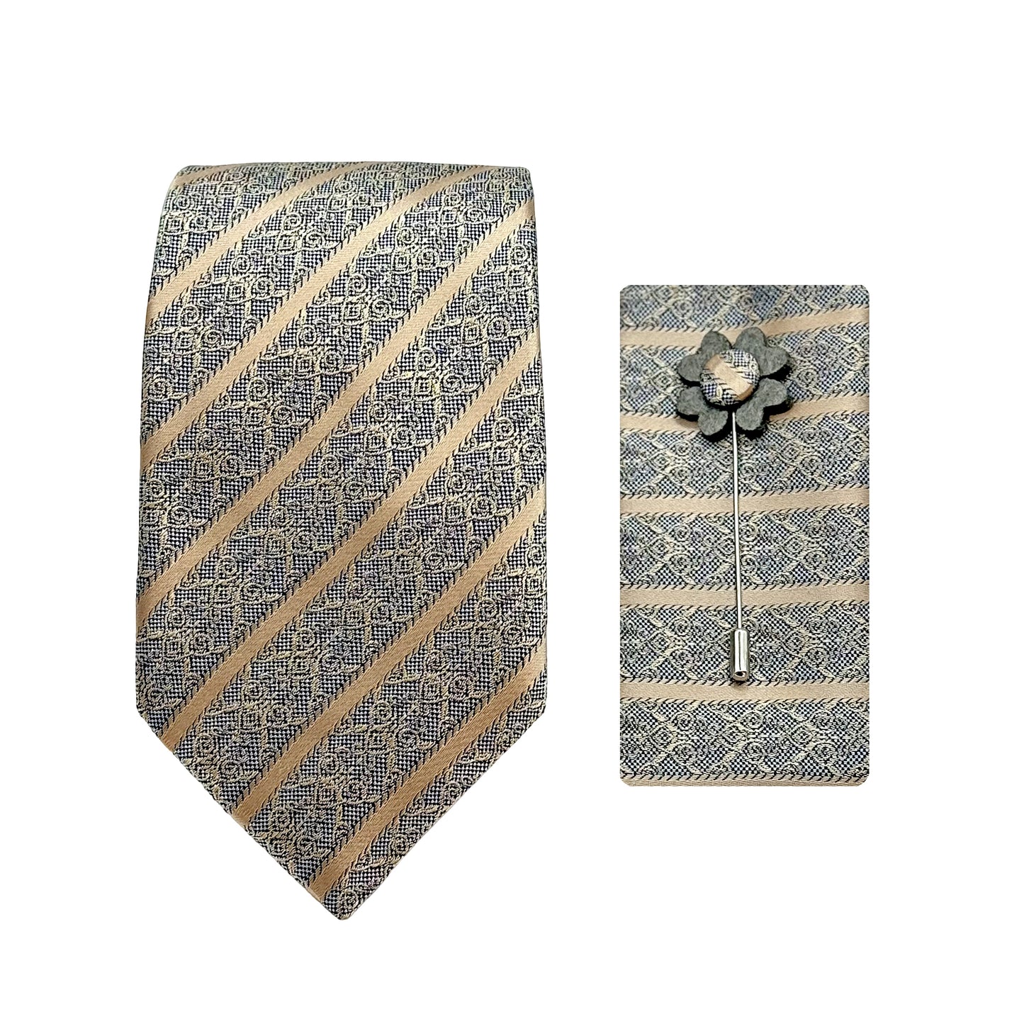 Tan/Beige Luxury Striped Geometric Weave 7.5cm Width Tie/Pocket Square/Lapel Pin Combo Sets